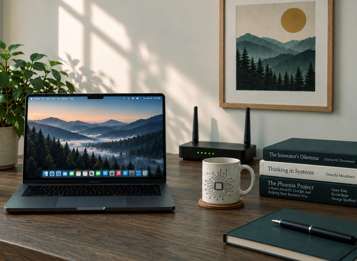 Home office with laptop, router, mug and notebooks